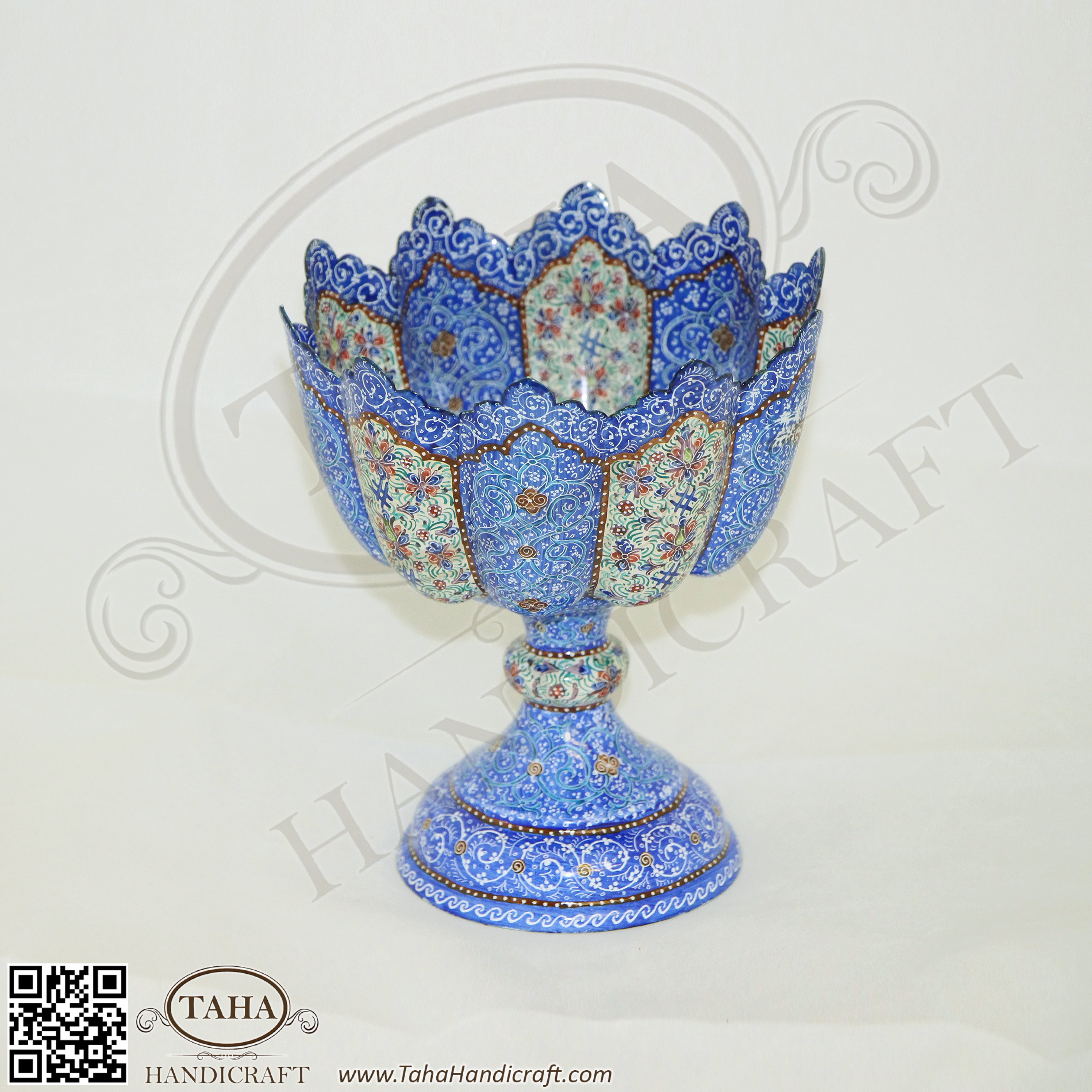 Persian Enamel on Copper (Mina) Pedestal Candy & Nut Bowl Dish